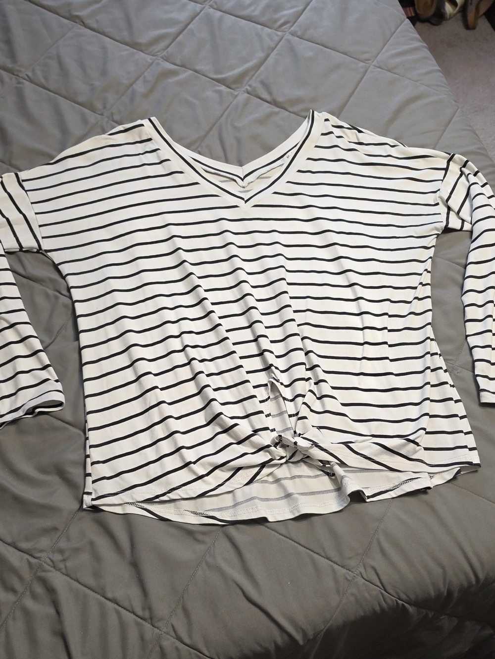 Striped V-Neck Tie-Front Women's Top - White with Black Stripes